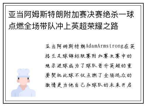 亚当阿姆斯特朗附加赛决赛绝杀一球点燃全场带队冲上英超荣耀之路